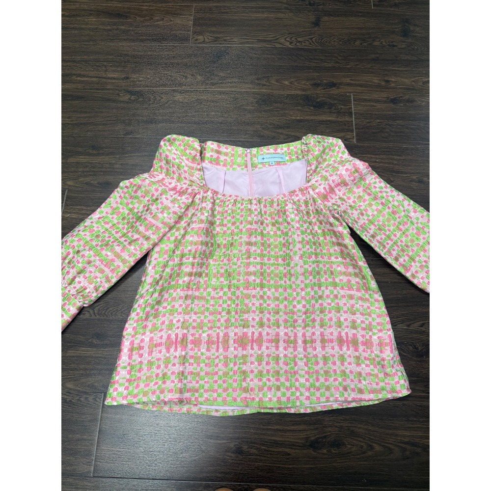 Tuckernuck Pink & Green Jacquard Square Neck Puff Sleeve Blouse - Size M